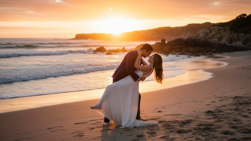 A romantic Tootgarook coastal engagement photoshoot capturing a couple embracing passionately at sunset on the sandy shore, with dramatic golden light, crashing waves, and rugged coastal cliffs in the background, showcasing their love story in an epic moment.