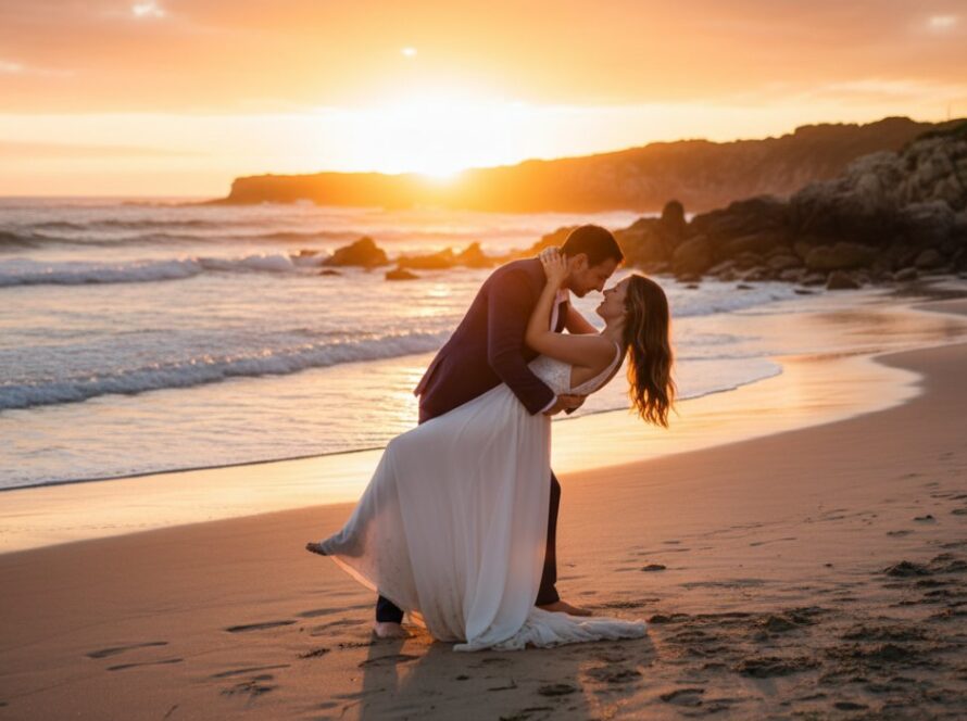 A romantic Tootgarook coastal engagement photoshoot capturing a couple embracing passionately at sunset on the sandy shore, with dramatic golden light, crashing waves, and rugged coastal cliffs in the background, showcasing their love story in an epic moment.