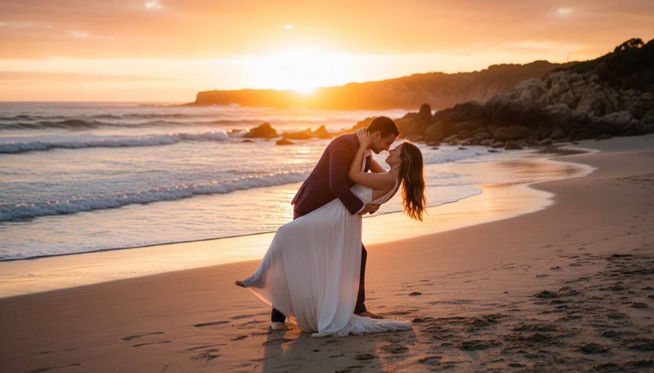 A romantic Tootgarook coastal engagement photoshoot capturing a couple embracing passionately at sunset on the sandy shore, with dramatic golden light, crashing waves, and rugged coastal cliffs in the background, showcasing their love story in an epic moment.