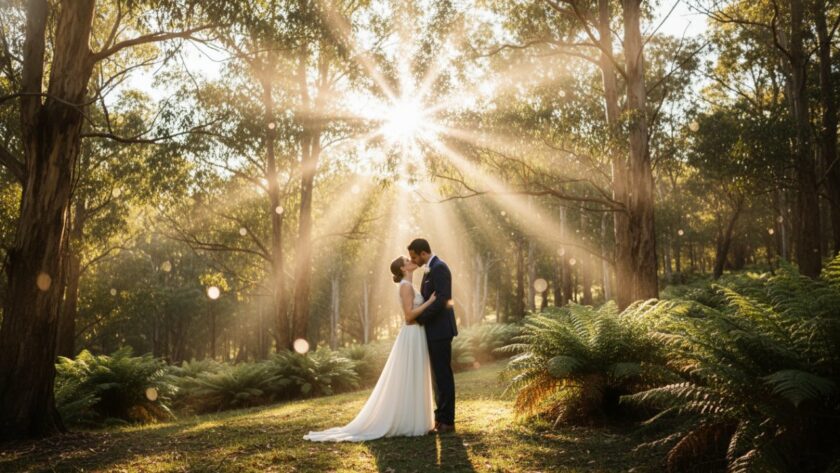 A breathtaking, wide-angle shot capturing a newly married couple embracing romantically in the golden hour light amidst the lush, sun-drenched bushland of Tremont, showcasing their joyous Romantic Tremont Bushland Wedding Photography.