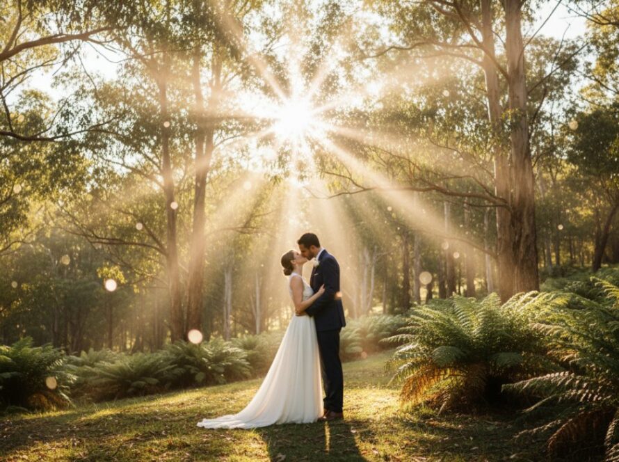 A breathtaking, wide-angle shot capturing a newly married couple embracing romantically in the golden hour light amidst the lush, sun-drenched bushland of Tremont, showcasing their joyous Romantic Tremont Bushland Wedding Photography.
