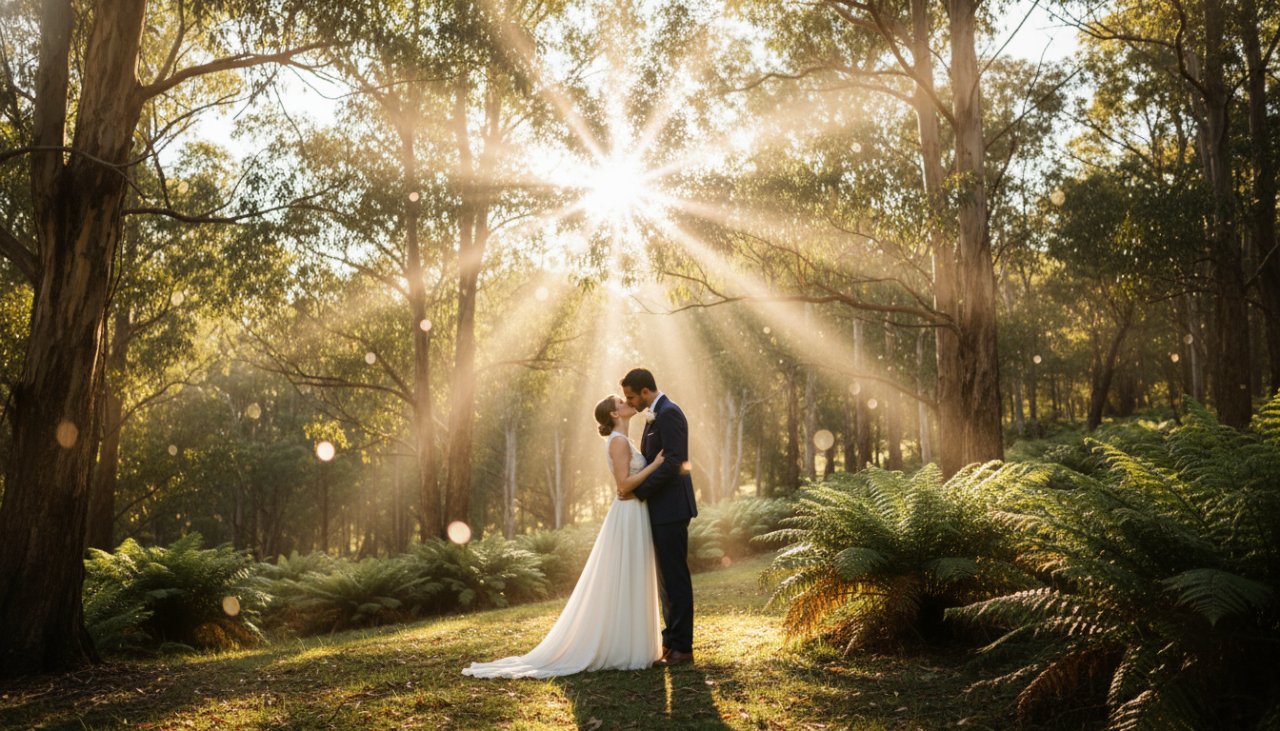 A breathtaking, wide-angle shot capturing a newly married couple embracing romantically in the golden hour light amidst the lush, sun-drenched bushland of Tremont, showcasing their joyous Romantic Tremont Bushland Wedding Photography.