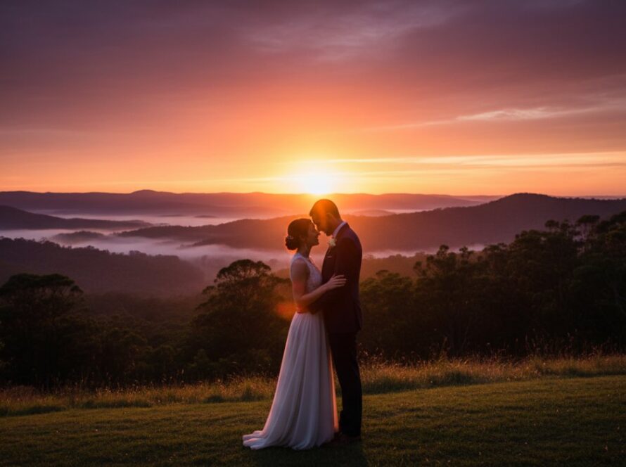 A joyous couple embracing amidst the golden hour glow of the Dandenong Ranges, capturing their romantic Tremont Ranges engagement photoshoot Victoria, with lush Victorian bushland in the background.