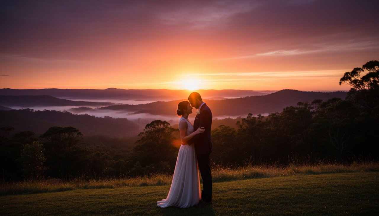 A joyous couple embracing amidst the golden hour glow of the Dandenong Ranges, capturing their romantic Tremont Ranges engagement photoshoot Victoria, with lush Victorian bushland in the background.