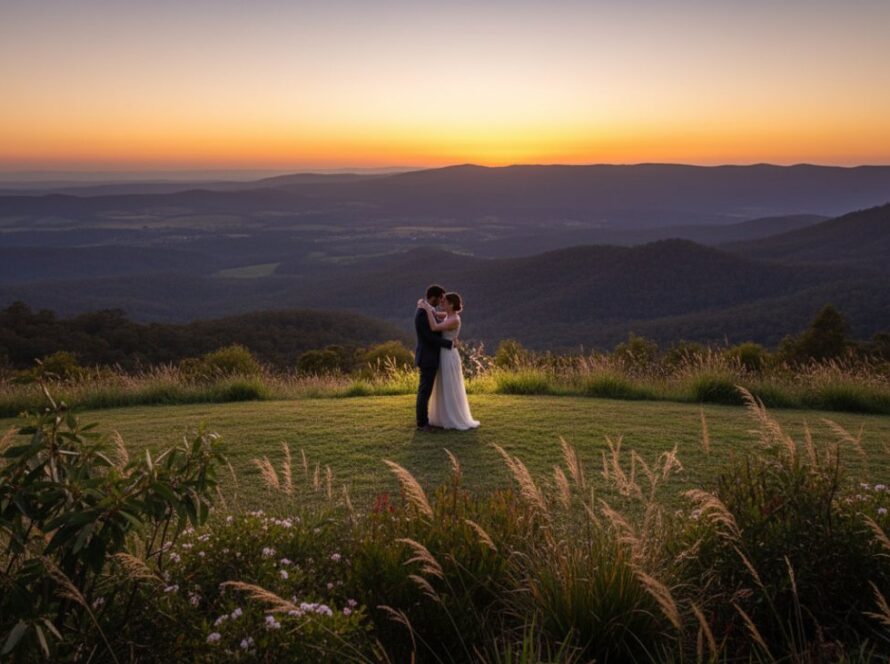 A dramatic and romantic Upwey pre-wedding photoshoot Yarra Ranges, featuring a couple embracing against a stunning sunset backdrop over the Dandenong Ranges, capturing their intimate connection.