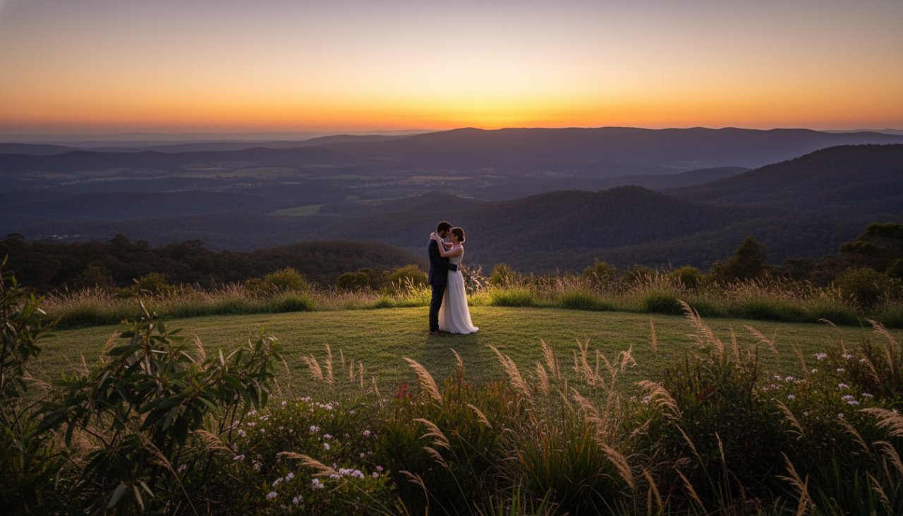 A dramatic and romantic Upwey pre-wedding photoshoot Yarra Ranges, featuring a couple embracing against a stunning sunset backdrop over the Dandenong Ranges, capturing their intimate connection.