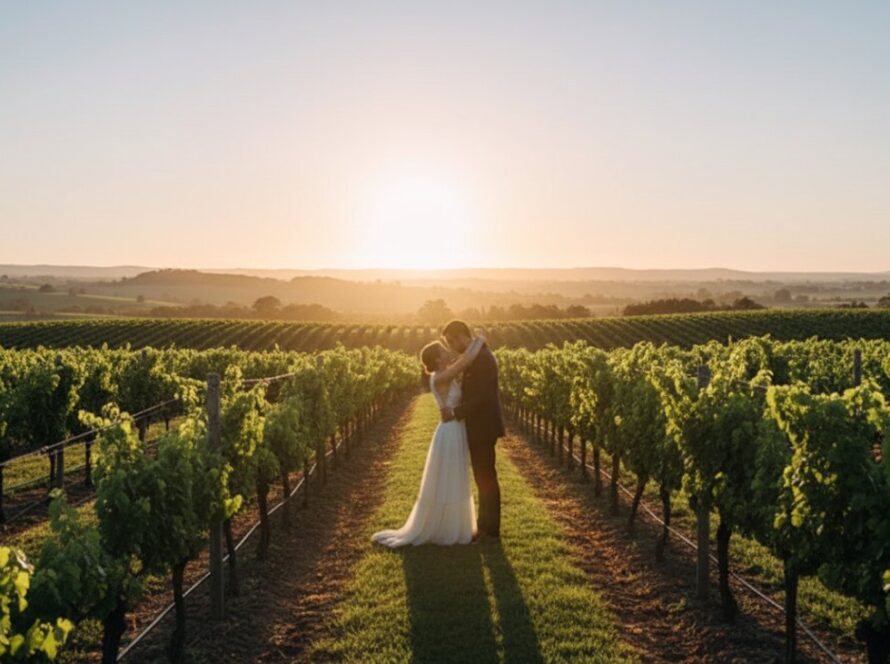 A breathtaking wide shot of a couple sharing a tender kiss amidst the rolling green rows of a vineyard at sunset in Seville, Victoria. The golden hour light casts a warm glow, highlighting their intimate moment during their romantic vineyard engagement photos Seville VIC.