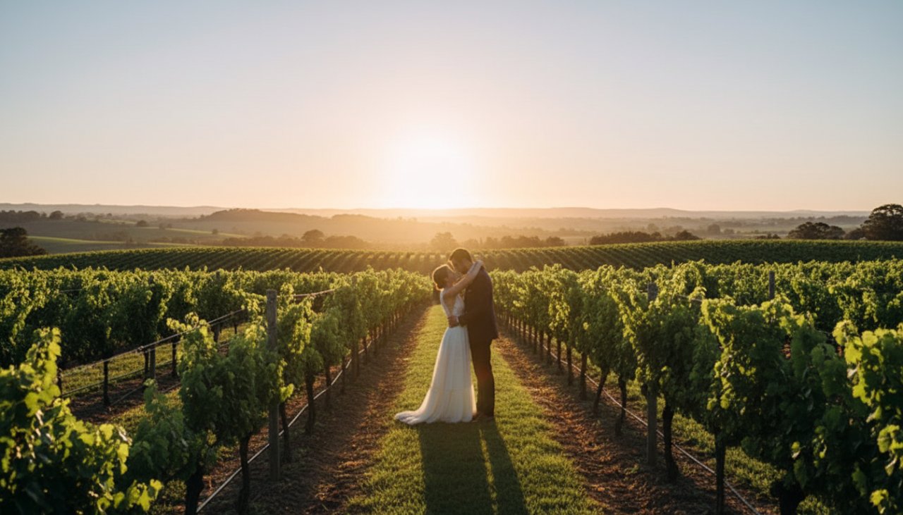 A breathtaking wide shot of a couple sharing a tender kiss amidst the rolling green rows of a vineyard at sunset in Seville, Victoria. The golden hour light casts a warm glow, highlighting their intimate moment during their romantic vineyard engagement photos Seville VIC.