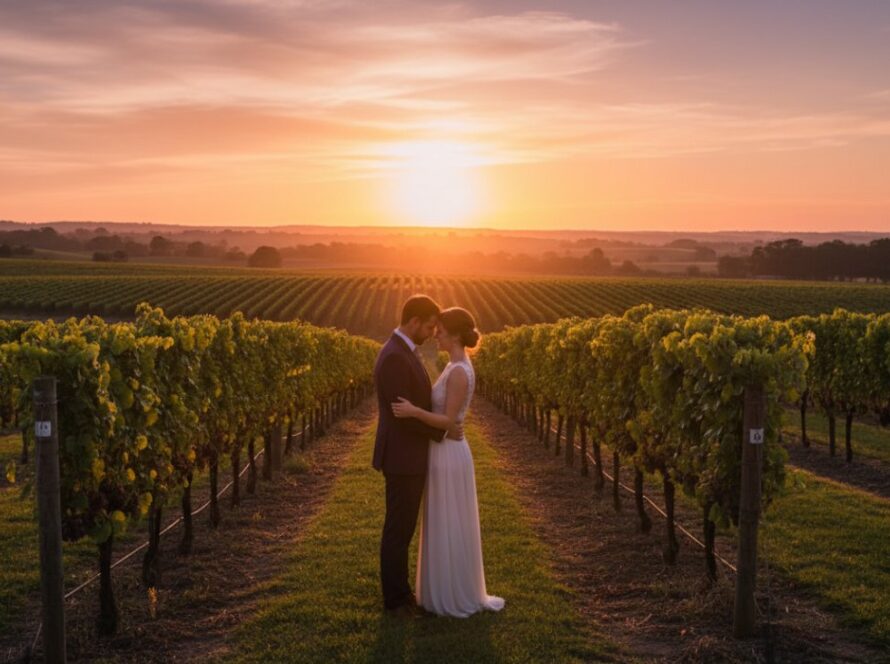 An engaged couple sharing a tender moment at sunset in a Wandin East vineyard, showcasing romantic Wandin East engagement photography Victoria with golden light and sweeping Yarra Valley views.