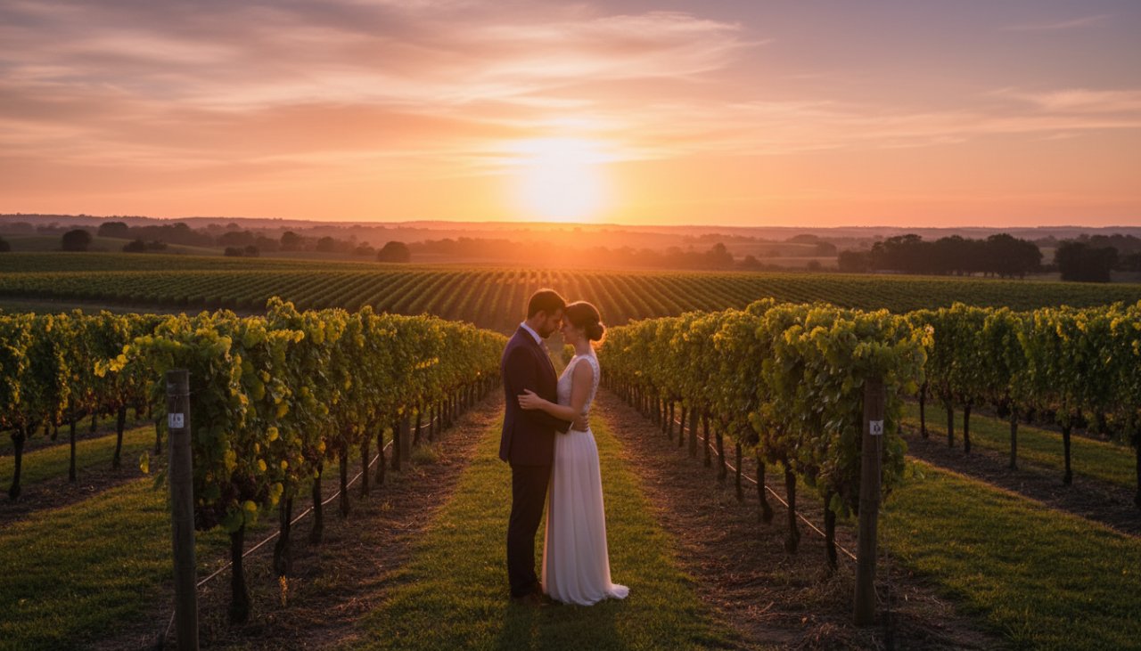 An engaged couple sharing a tender moment at sunset in a Wandin East vineyard, showcasing romantic Wandin East engagement photography Victoria with golden light and sweeping Yarra Valley views.