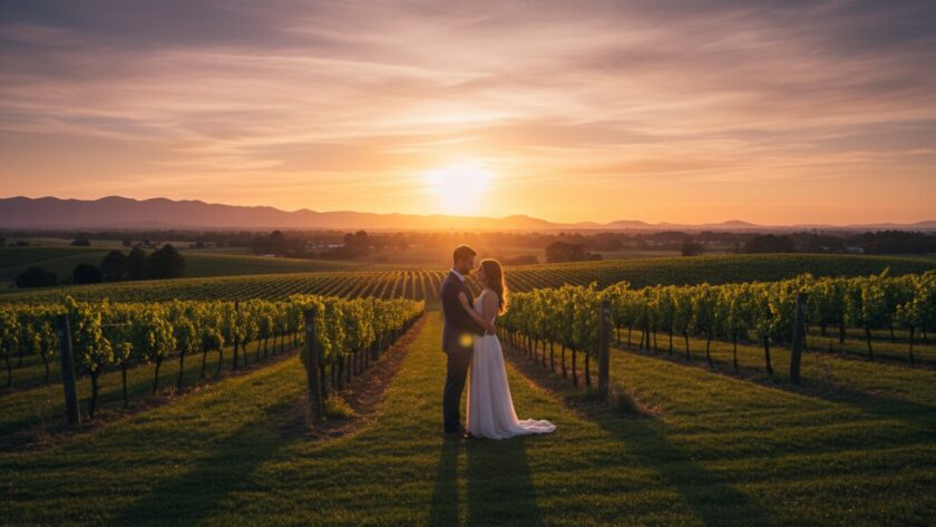 An engaged couple sharing a tender moment amidst the golden hour glow at one of the romantic Wandin East pre-wedding photoshoot locations, with rolling hills and vineyards in the background, captured in an epic, cinematic style.