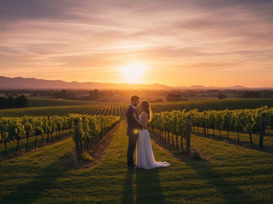 An engaged couple sharing a tender moment amidst the golden hour glow at one of the romantic Wandin East pre-wedding photoshoot locations, with rolling hills and vineyards in the background, captured in an epic, cinematic style.