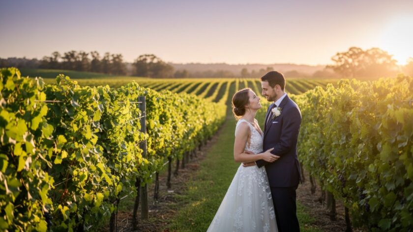 An epic moment of a newlywed couple embracing in soft golden hour light amidst the sprawling vineyards of a Wandin East winery, capturing the essence of romantic Wandin East winery wedding photography.