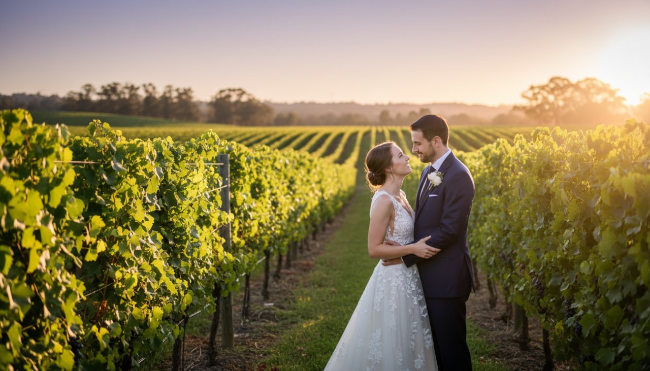 An epic moment of a newlywed couple embracing in soft golden hour light amidst the sprawling vineyards of a Wandin East winery, capturing the essence of romantic Wandin East winery wedding photography.
