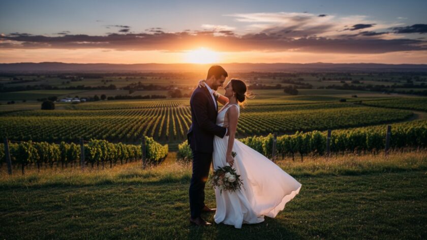 A romantic Yarra Glen pre-wedding photoshoot Victorian wineries scene, capturing a couple embracing passionately at sunset amidst rolling vineyard hills, with golden light illuminating their joyful expressions. An epic moment of love and anticipation.