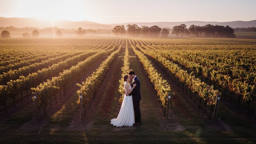 An epic moment captures a couple in romantic Yarra Glen vineyard engagement photos, silhouetted against a golden sunset, embracing amidst rows of grapevines, bathed in a warm, ethereal glow.