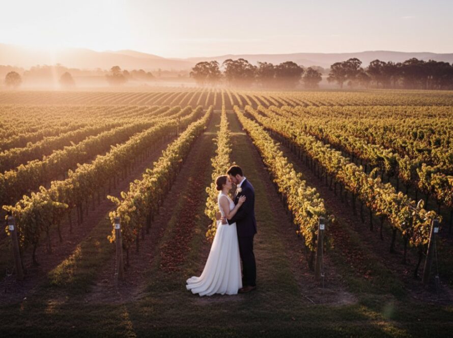 An epic moment captures a couple in romantic Yarra Glen vineyard engagement photos, silhouetted against a golden sunset, embracing amidst rows of grapevines, bathed in a warm, ethereal glow.