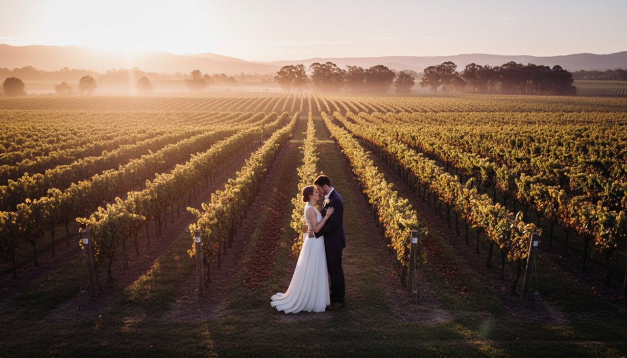 An epic moment captures a couple in romantic Yarra Glen vineyard engagement photos, silhouetted against a golden sunset, embracing amidst rows of grapevines, bathed in a warm, ethereal glow.