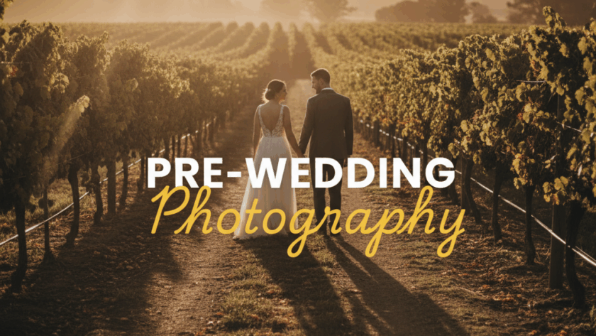 A couple embracing under the soft golden light of a vineyard at dusk, with rolling hills in the background, embodying a romantic Yarra Valley pre-wedding photography guide scene. Cinematic, moody 'Street Photography' style.