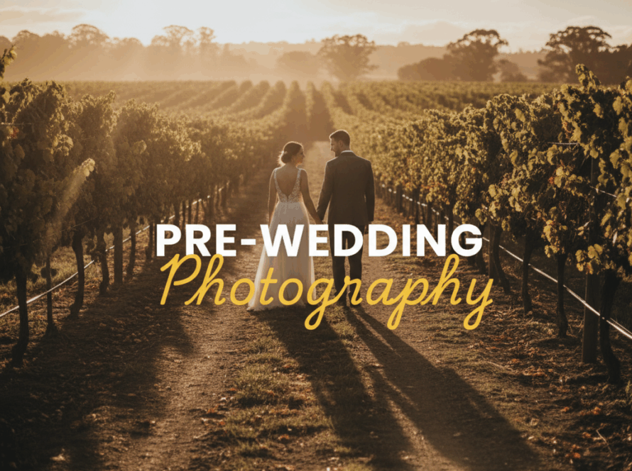 A couple embracing under the soft golden light of a vineyard at dusk, with rolling hills in the background, embodying a romantic Yarra Valley pre-wedding photography guide scene. Cinematic, moody 'Street Photography' style.