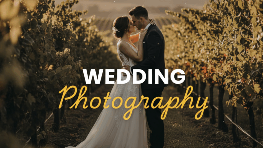 A dramatic, moody street photography style image showing a couple embracing amongst misty Yarra Valley vineyards at dusk, with the title 'WEDDING' in bold white sans-serif above 'Photography' in elegant yellow cursive. This captures the essence of romantic Yarra Valley wedding photography packages.