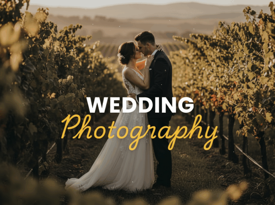 A dramatic, moody street photography style image showing a couple embracing amongst misty Yarra Valley vineyards at dusk, with the title 'WEDDING' in bold white sans-serif above 'Photography' in elegant yellow cursive. This captures the essence of romantic Yarra Valley wedding photography packages.