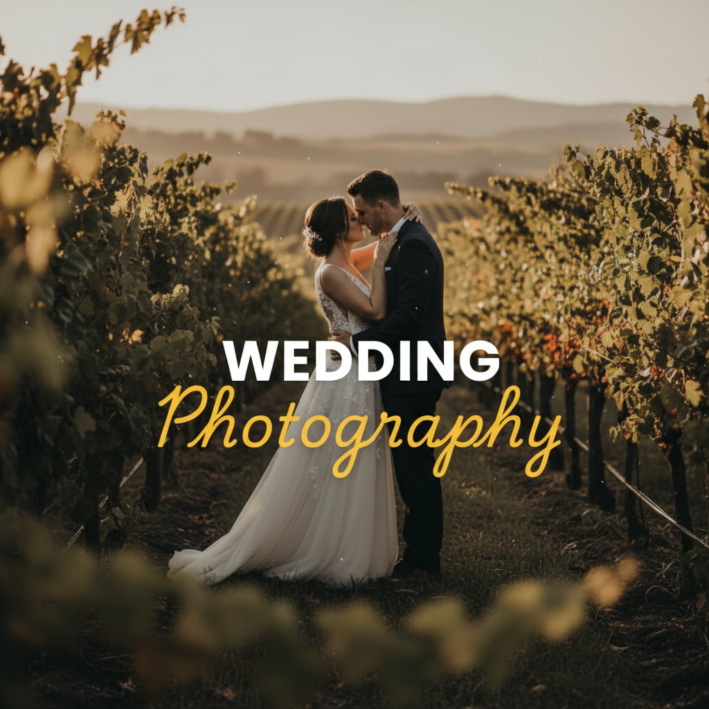 A dramatic, moody street photography style image showing a couple embracing amongst misty Yarra Valley vineyards at dusk, with the title 'WEDDING' in bold white sans-serif above 'Photography' in elegant yellow cursive. This captures the essence of romantic Yarra Valley wedding photography packages.