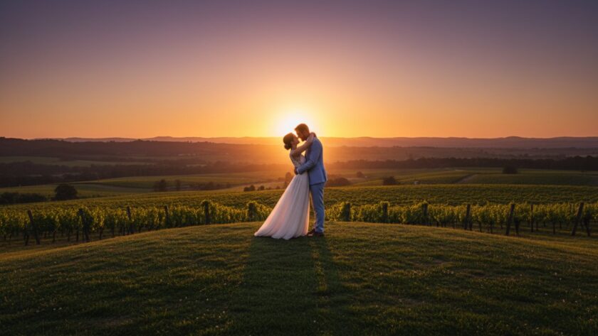 A breathtaking wide shot capturing a couple embracing at sunset amidst the rolling vineyards of Yering, perfectly embodying romantic Yering Yarra Valley engagement photos, with golden light illuminating their joyful expressions.