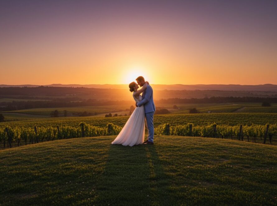 A breathtaking wide shot capturing a couple embracing at sunset amidst the rolling vineyards of Yering, perfectly embodying romantic Yering Yarra Valley engagement photos, with golden light illuminating their joyful expressions.