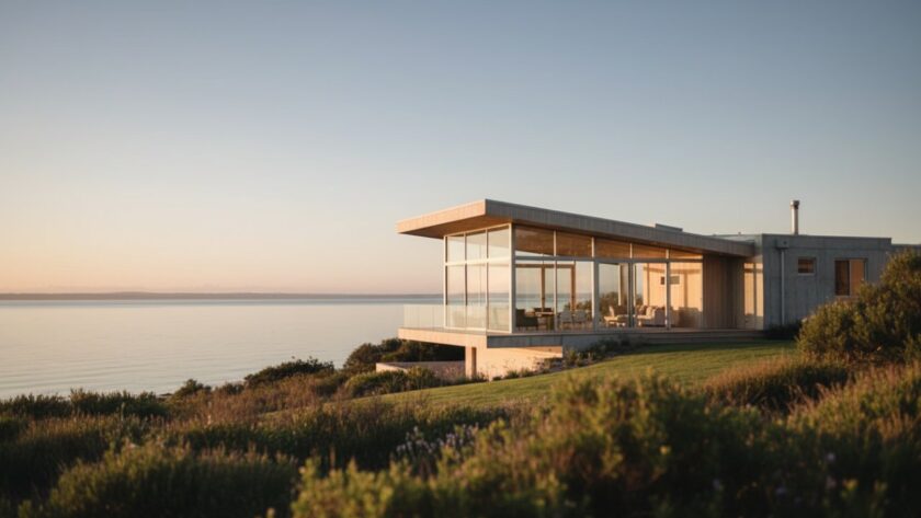 An epic wide-angle shot of a modern, angular building in Rosebud at sunrise, bathed in golden light, showcasing its geometric lines against a vibrant coastal sky, perfect for Rosebud architectural marvels photography portfolio.