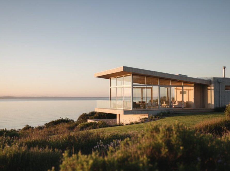 An epic wide-angle shot of a modern, angular building in Rosebud at sunrise, bathed in golden light, showcasing its geometric lines against a vibrant coastal sky, perfect for Rosebud architectural marvels photography portfolio.