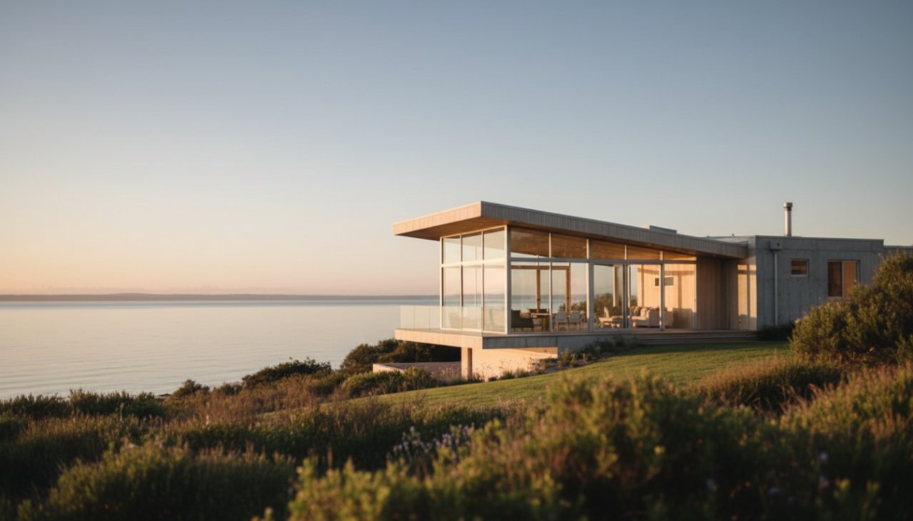 An epic wide-angle shot of a modern, angular building in Rosebud at sunrise, bathed in golden light, showcasing its geometric lines against a vibrant coastal sky, perfect for Rosebud architectural marvels photography portfolio.