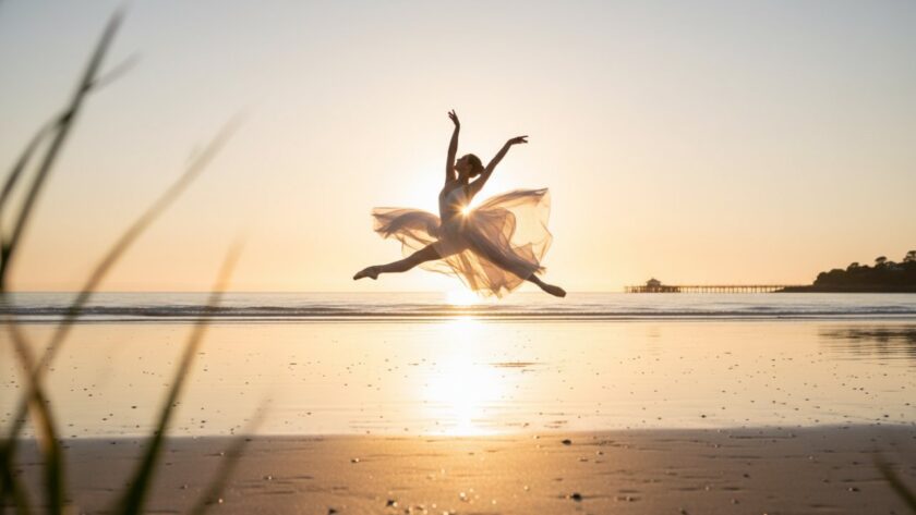 An elegant dancer performing a beautiful leap on the sandy shores during a Rosebud ballet beach photoshoots session at sunrise, with the calm waters of Port Phillip Bay in the background, capturing a moment of pure grace and athleticism.