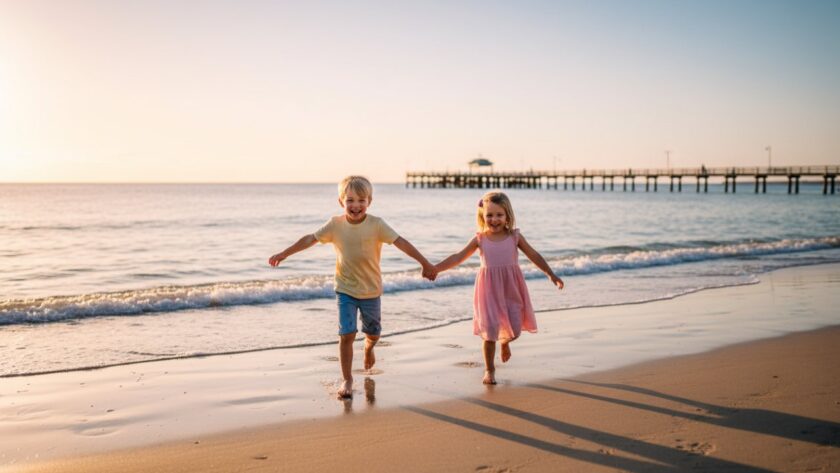Two young siblings running hand-in-hand along the golden sands of Rosebud Beach at sunset, their faces lit with pure laughter and joy, embodying Rosebud beach kids photography capturing genuine joy.