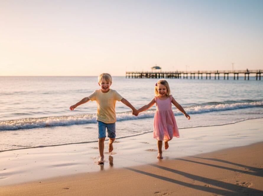 Two young siblings running hand-in-hand along the golden sands of Rosebud Beach at sunset, their faces lit with pure laughter and joy, embodying Rosebud beach kids photography capturing genuine joy.