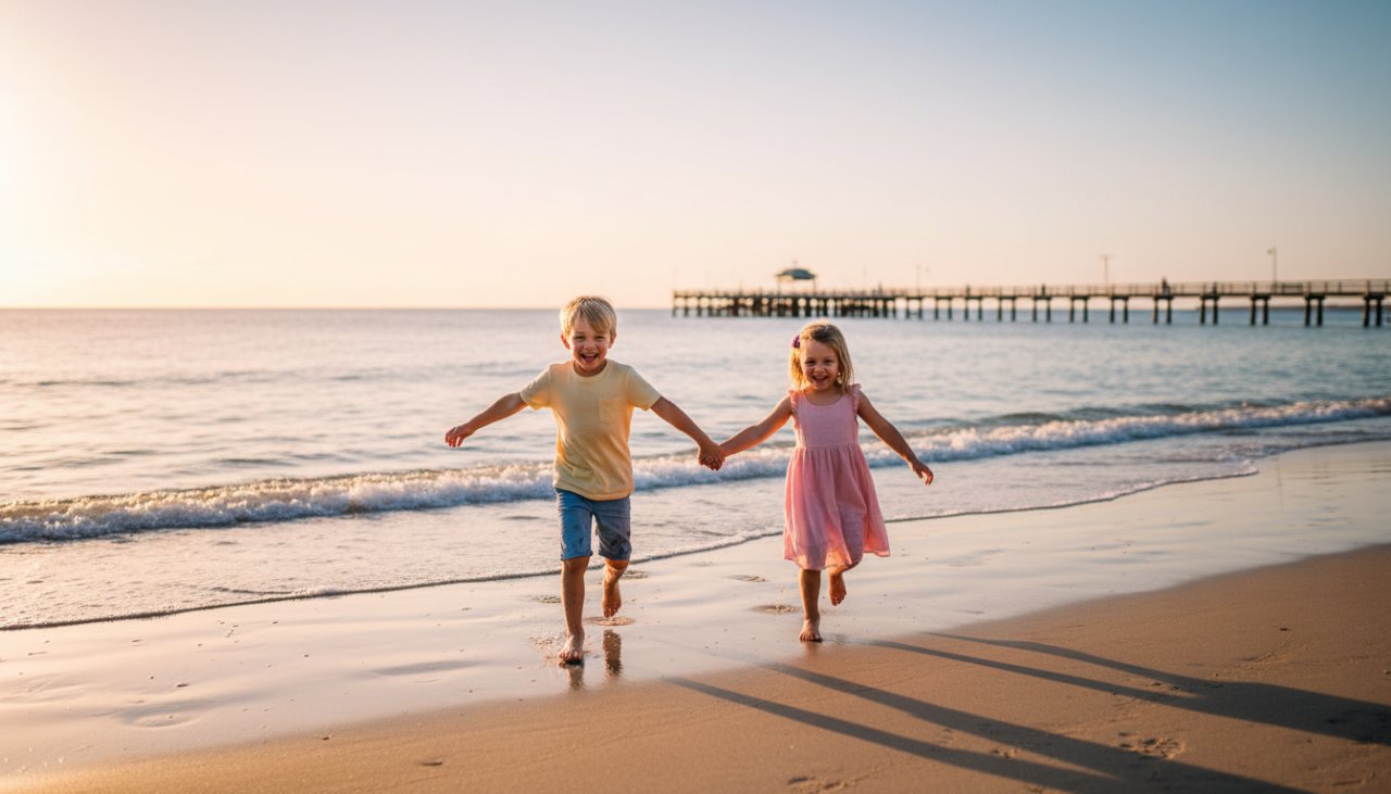 Two young siblings running hand-in-hand along the golden sands of Rosebud Beach at sunset, their faces lit with pure laughter and joy, embodying Rosebud beach kids photography capturing genuine joy.