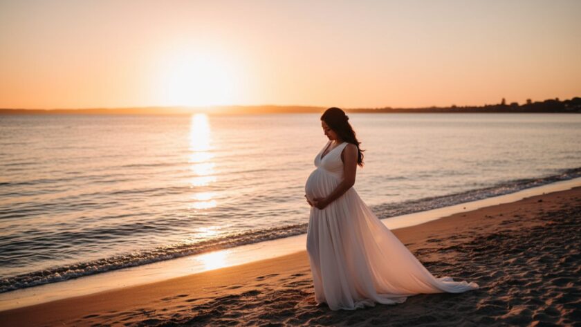 A pregnant woman in an elegant flowing dress stands silhouetted against a breathtaking Rosebud beachfront sunset, her baby bump gently highlighted by the warm golden hour glow, capturing a serene and epic moment of anticipation.