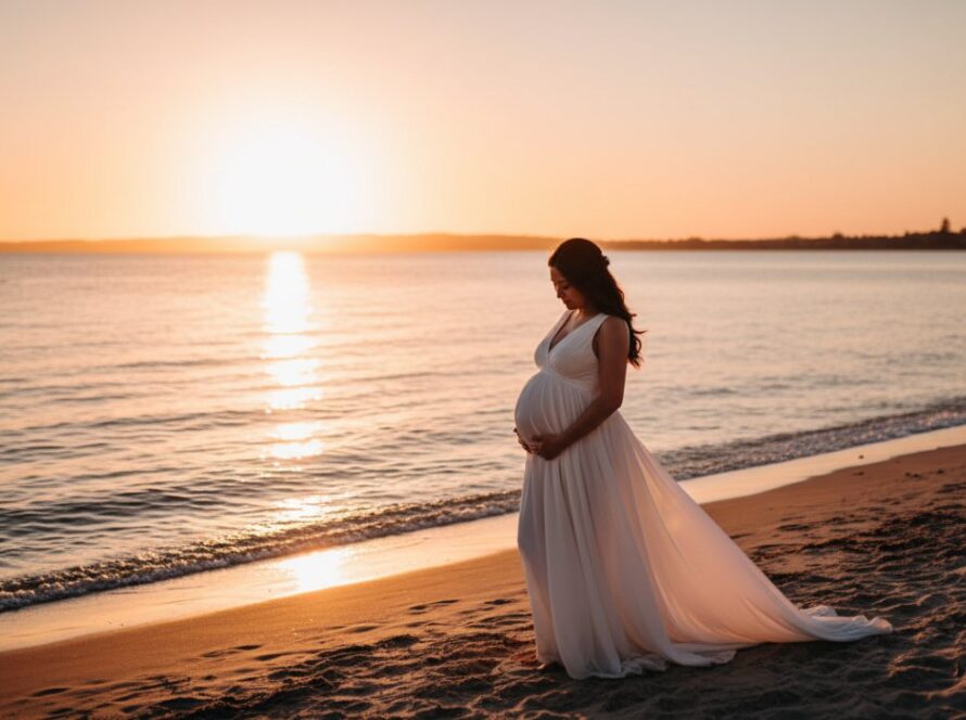 A pregnant woman in an elegant flowing dress stands silhouetted against a breathtaking Rosebud beachfront sunset, her baby bump gently highlighted by the warm golden hour glow, capturing a serene and epic moment of anticipation.