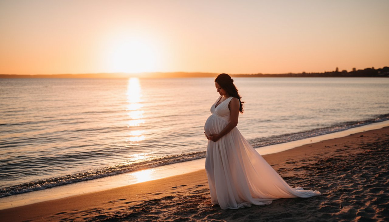 A pregnant woman in an elegant flowing dress stands silhouetted against a breathtaking Rosebud beachfront sunset, her baby bump gently highlighted by the warm golden hour glow, capturing a serene and epic moment of anticipation.