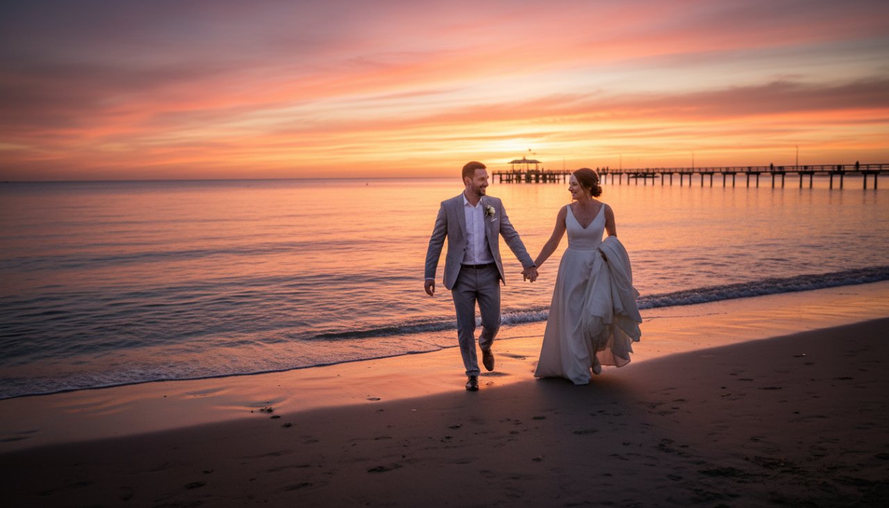 A newlywed couple sharing a joyful, candid moment during their Rosebud beachfront wedding photography session, silhouetted by a golden sunset over Port Phillip Bay, capturing their epic love story.