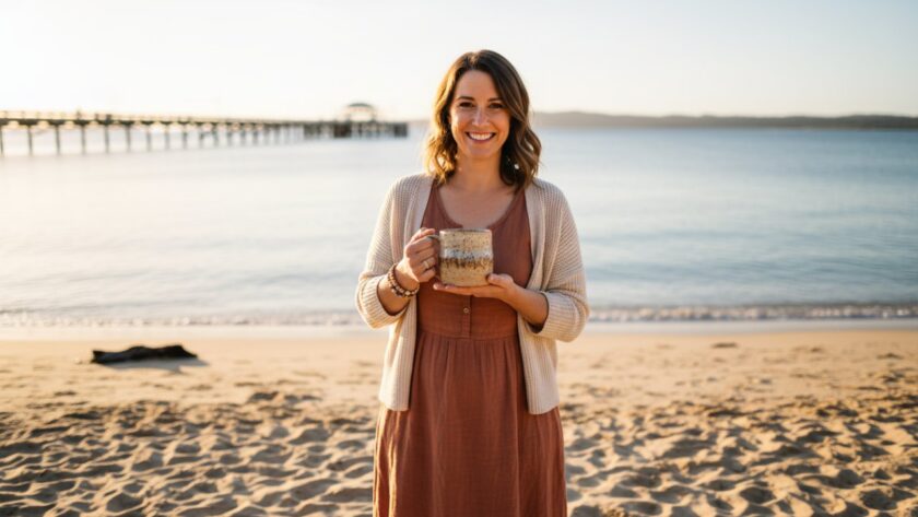 A vibrant Rosebud business branding photography authentic vibe hero shot: a smiling small business owner, illuminated by golden hour sun near the Rosebud Pier, confidently showcasing handmade artisan products with the serene Port Phillip Bay in the background, conveying authenticity and local charm.