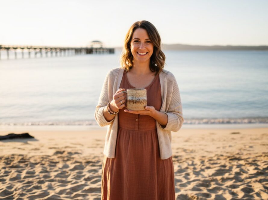 A vibrant Rosebud business branding photography authentic vibe hero shot: a smiling small business owner, illuminated by golden hour sun near the Rosebud Pier, confidently showcasing handmade artisan products with the serene Port Phillip Bay in the background, conveying authenticity and local charm.
