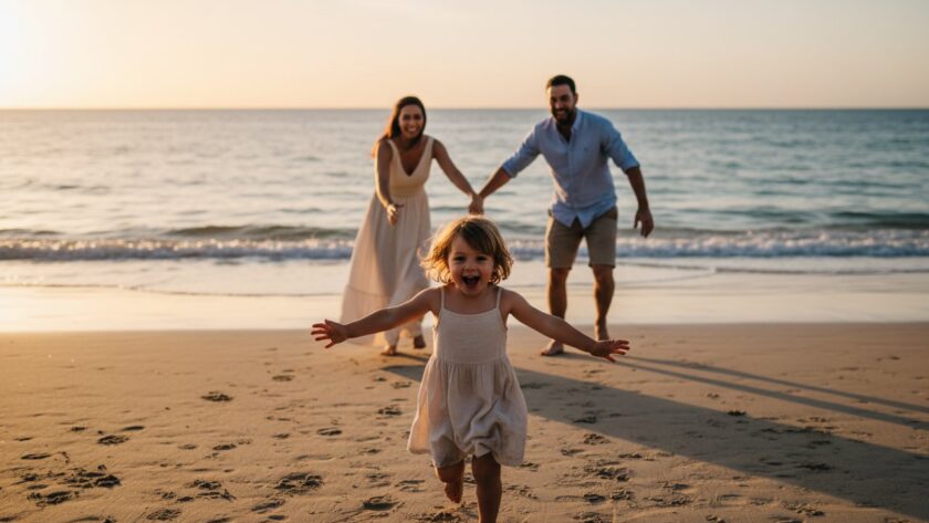 A breathtaking Rosebud candid family beach photography captures a joyous child running into the arms of their parents at sunset on Rosebud Beach, with the golden hour light illuminating their genuine laughter and the vast ocean behind them, embodying pure, unposed happiness.