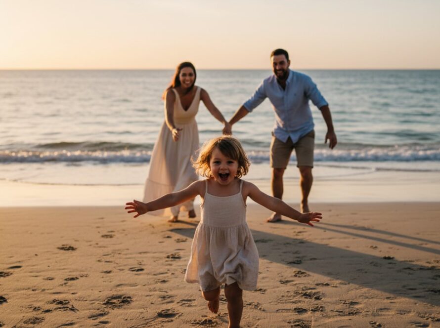 A breathtaking Rosebud candid family beach photography captures a joyous child running into the arms of their parents at sunset on Rosebud Beach, with the golden hour light illuminating their genuine laughter and the vast ocean behind them, embodying pure, unposed happiness.
