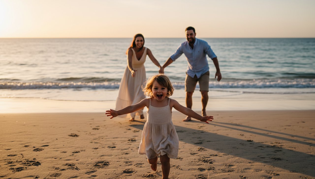 A breathtaking Rosebud candid family beach photography captures a joyous child running into the arms of their parents at sunset on Rosebud Beach, with the golden hour light illuminating their genuine laughter and the vast ocean behind them, embodying pure, unposed happiness.