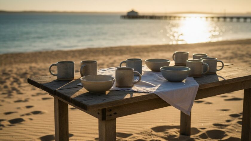 A dramatic, high-angle shot showcasing artisanal handcrafted ceramics bathed in the golden hour light of Rosebud, with the sparkling waters of Port Phillip Bay and the iconic Rosebud Pier faintly visible in the background, capturing the essence of Rosebud Product Photography for Mornington Peninsula Brands.