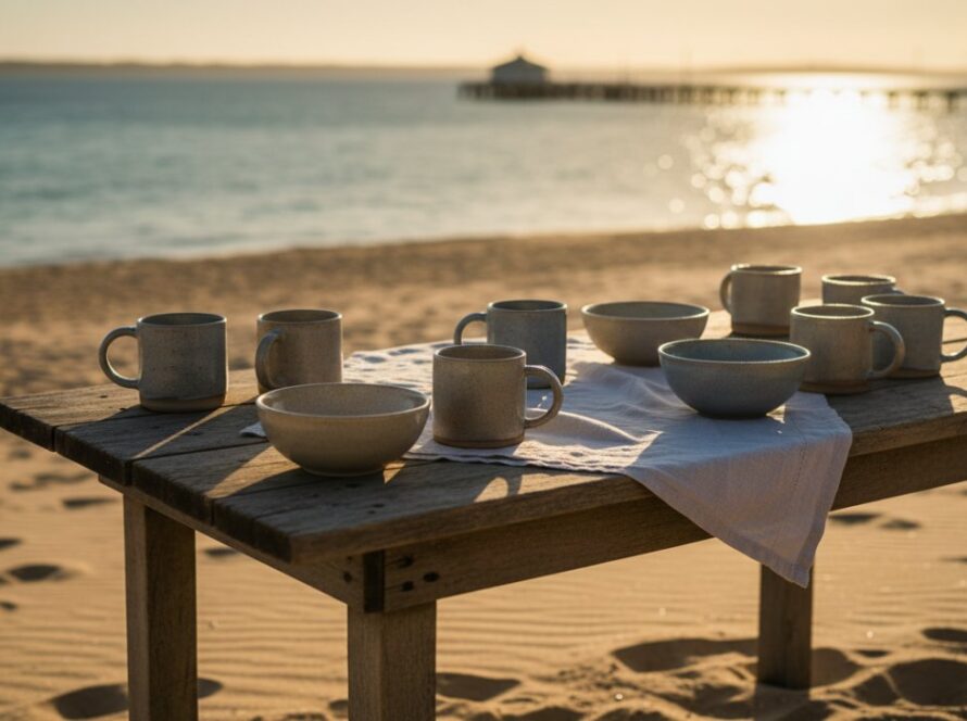 A dramatic, high-angle shot showcasing artisanal handcrafted ceramics bathed in the golden hour light of Rosebud, with the sparkling waters of Port Phillip Bay and the iconic Rosebud Pier faintly visible in the background, capturing the essence of Rosebud Product Photography for Mornington Peninsula Brands.