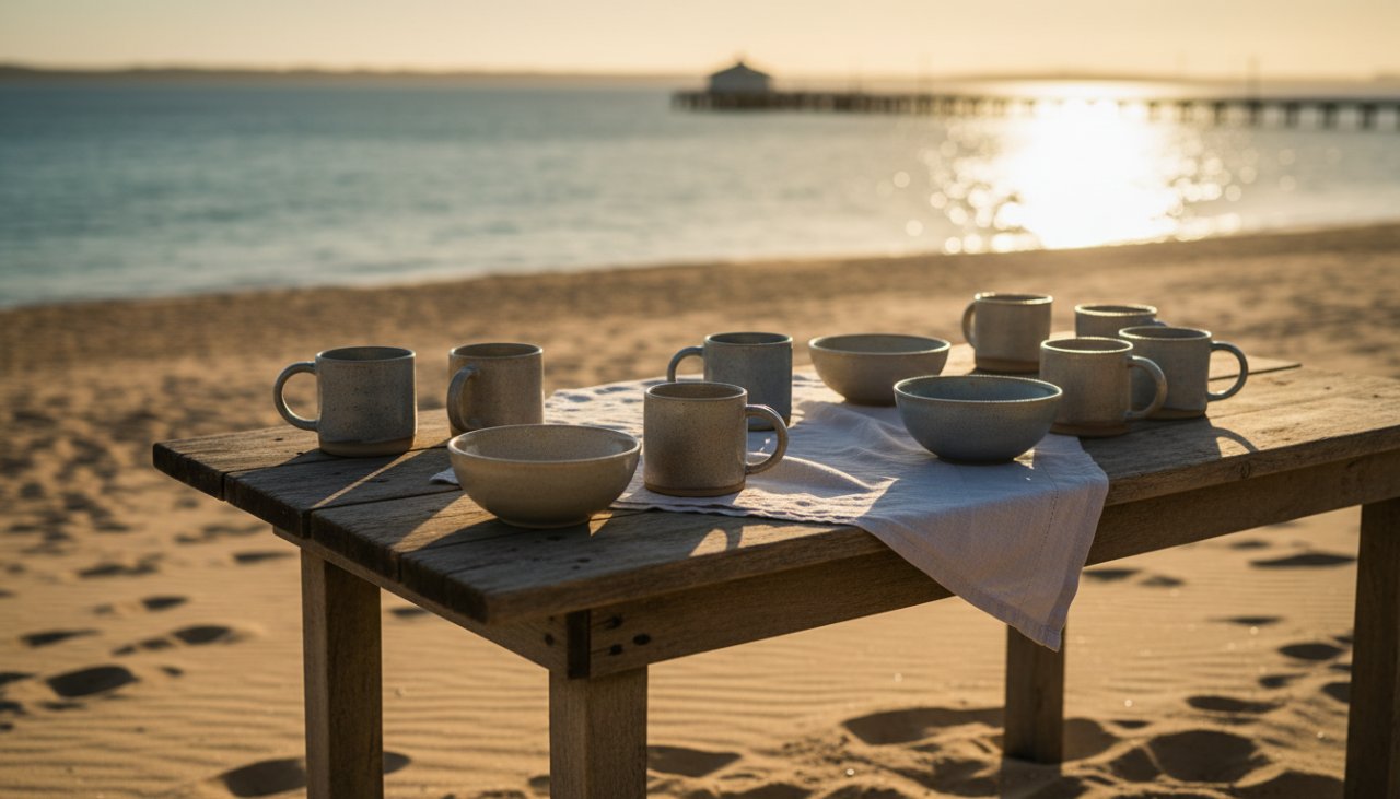 A dramatic, high-angle shot showcasing artisanal handcrafted ceramics bathed in the golden hour light of Rosebud, with the sparkling waters of Port Phillip Bay and the iconic Rosebud Pier faintly visible in the background, capturing the essence of Rosebud Product Photography for Mornington Peninsula Brands.