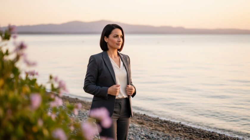A confident professional, impeccably dressed, standing on the Rosebud foreshore with a vibrant sunrise behind, gazing thoughtfully towards the horizon, epitomizing Rosebud professional headshots for career growth. The golden light beautifully illuminates their face, creating a powerful, aspirational portrait.