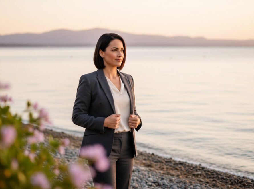 A confident professional, impeccably dressed, standing on the Rosebud foreshore with a vibrant sunrise behind, gazing thoughtfully towards the horizon, epitomizing Rosebud professional headshots for career growth. The golden light beautifully illuminates their face, creating a powerful, aspirational portrait.